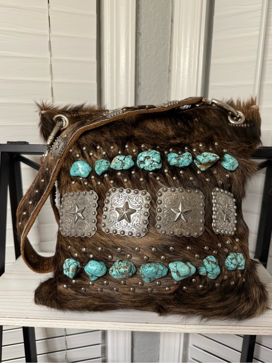 Four Shoes Handbags - Faux Fur Brown Shoulder Bag with Turquoise Stone Accents